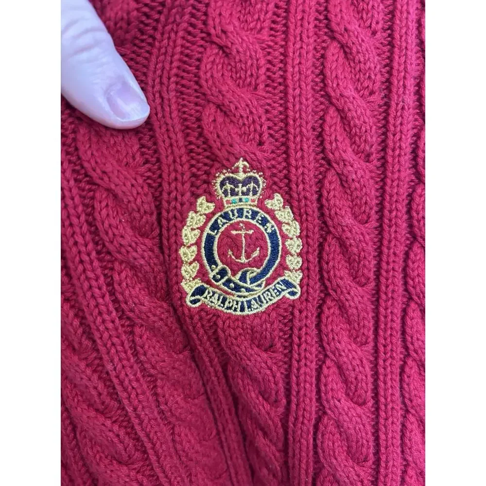Y2K Lauren Ralph Lauren Red Cable Knit Crewneck Sweater Crest Small Australia